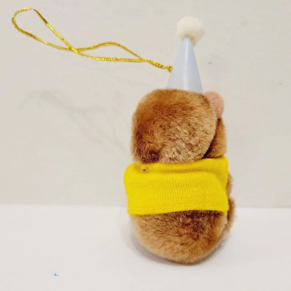 Vtg Mini Yellow Happy Birthday Shirt Brown Teddy Bear Cone Hat Ornament Toy